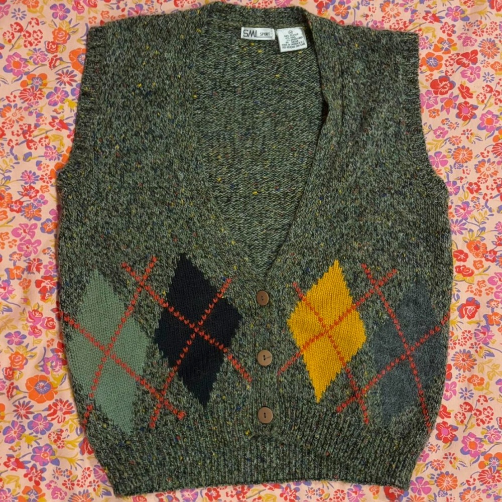 SML Sport Women’s Argyle Cardigan Sweater - Green, Black, Yellow, Orange